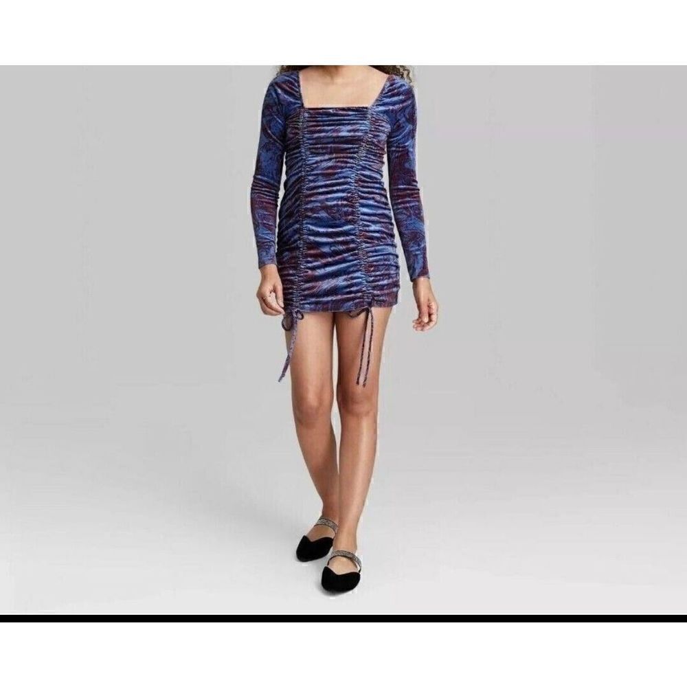 Wild Fable Purple Long Sleeve Ruched Velvet Bodycon Dress, Small, NEW